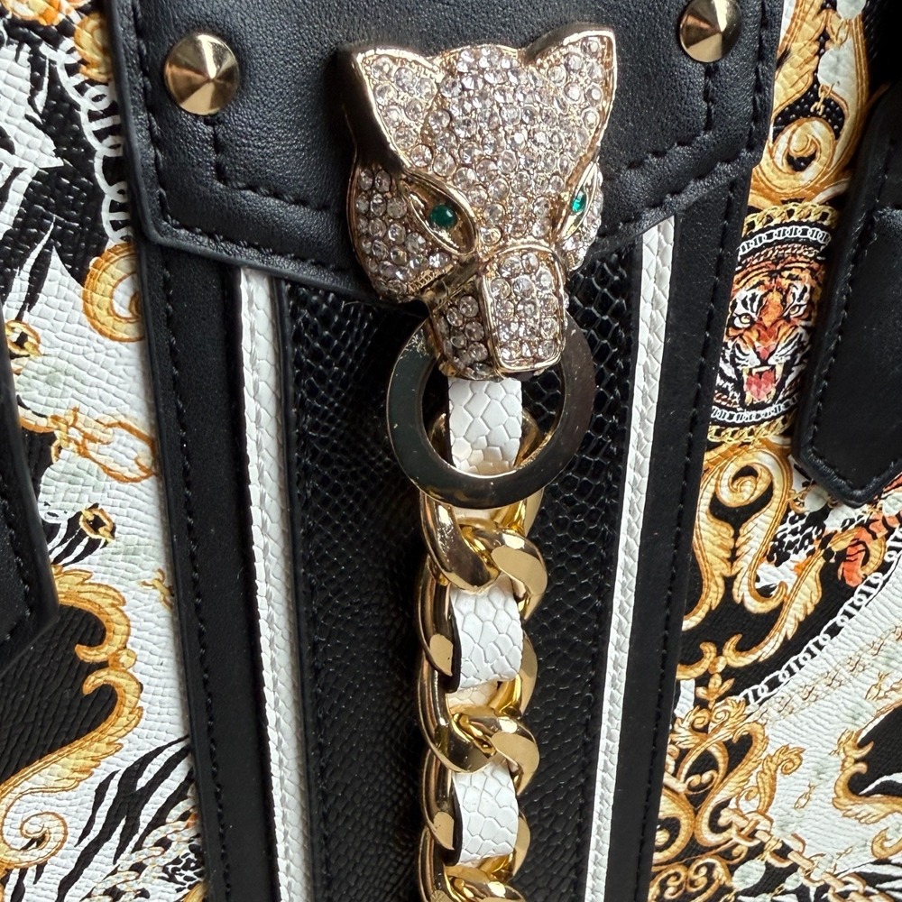 Aldo Abomab Tote Bag Black Gold Baroque Tiger Print Womens Large Jeweled Queen - Picture 4 of 7